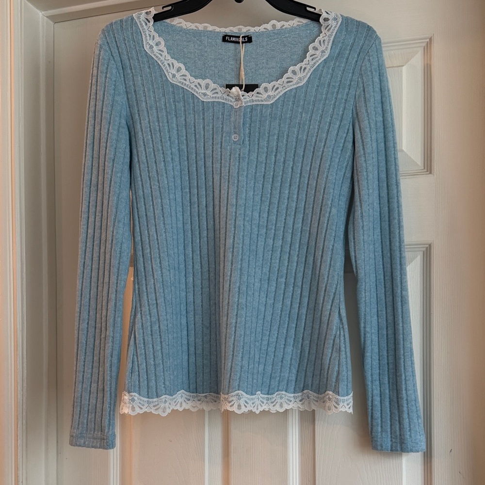 Flamingals NWT Sky Blue Lace Trim Ribbed Blouse